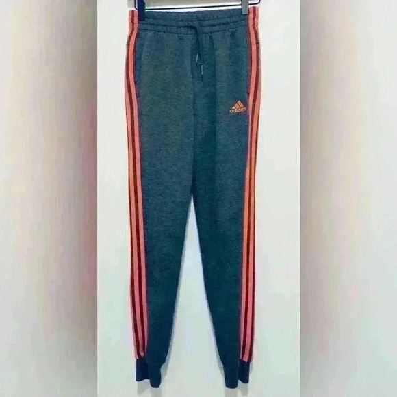 Adidas Women’s 3 Stripe Cotton Fleece Sweatpants Jogger, Size XS, Gray w/ Mango - Picture 1 of 16